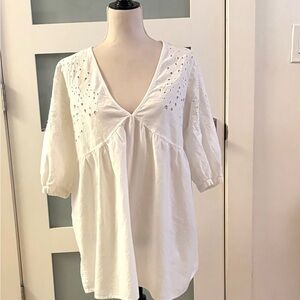 Zara White Eyelet V-Neck Peasant Dress